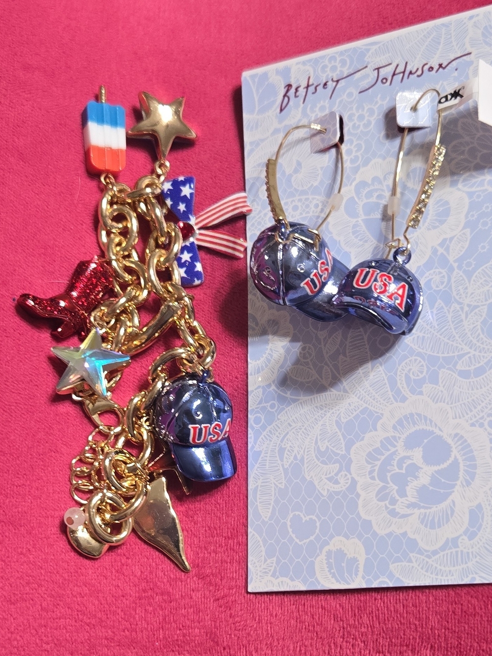 Betsey Johnson Navy Blue USA Cap Drop Earrings and Americana Bracelet
